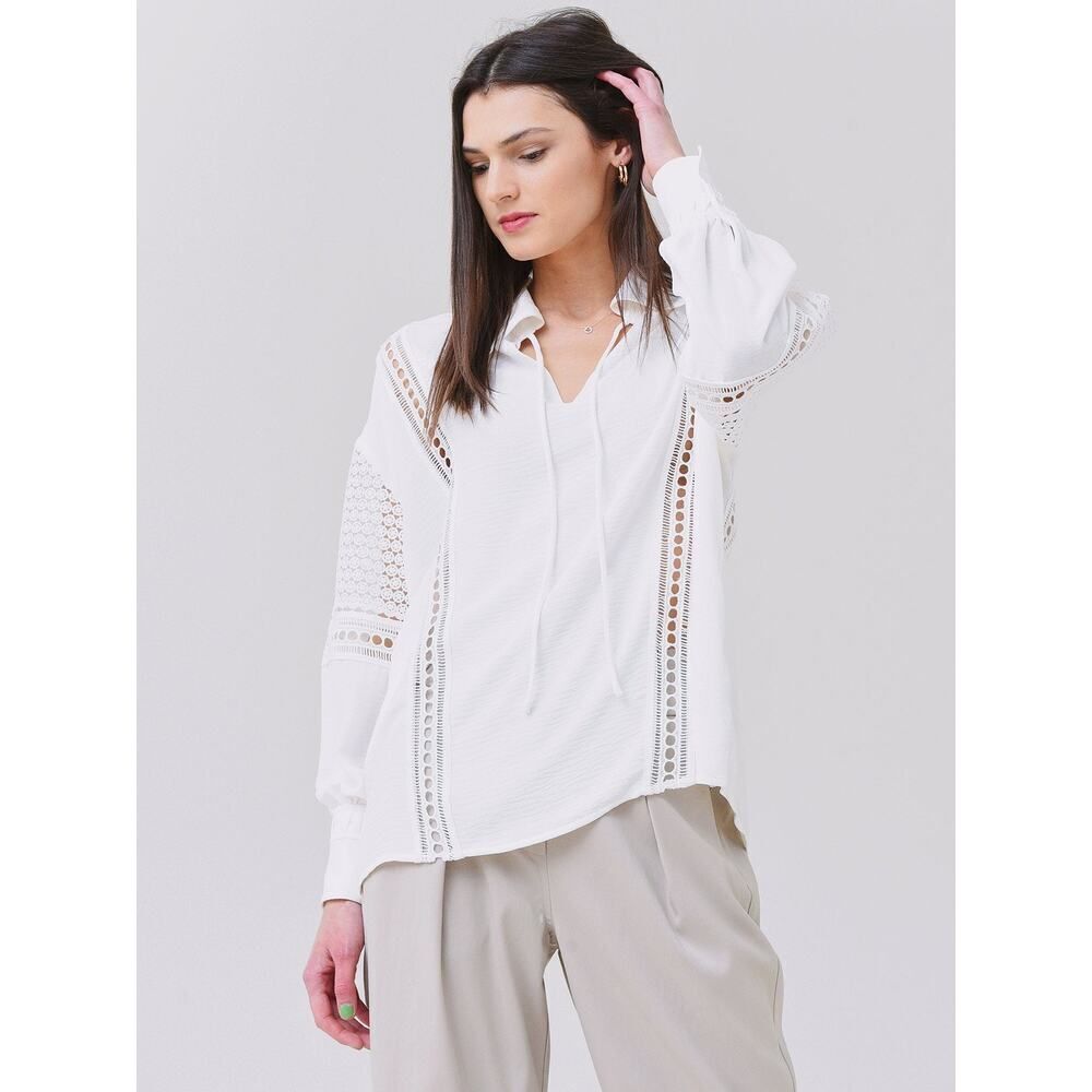 BROCHU WALKER Kaia Blouse white long sleeve lace eyelet blouse size XS